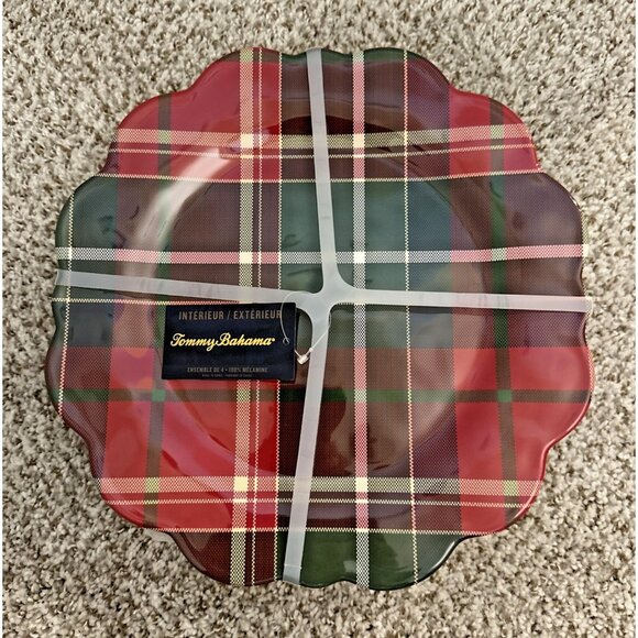 Tommy Bahama 4 Piece Red Tartan Plaid Christmas Dinner Plate Set Scalloped 10.5" - Picture 1 of 4